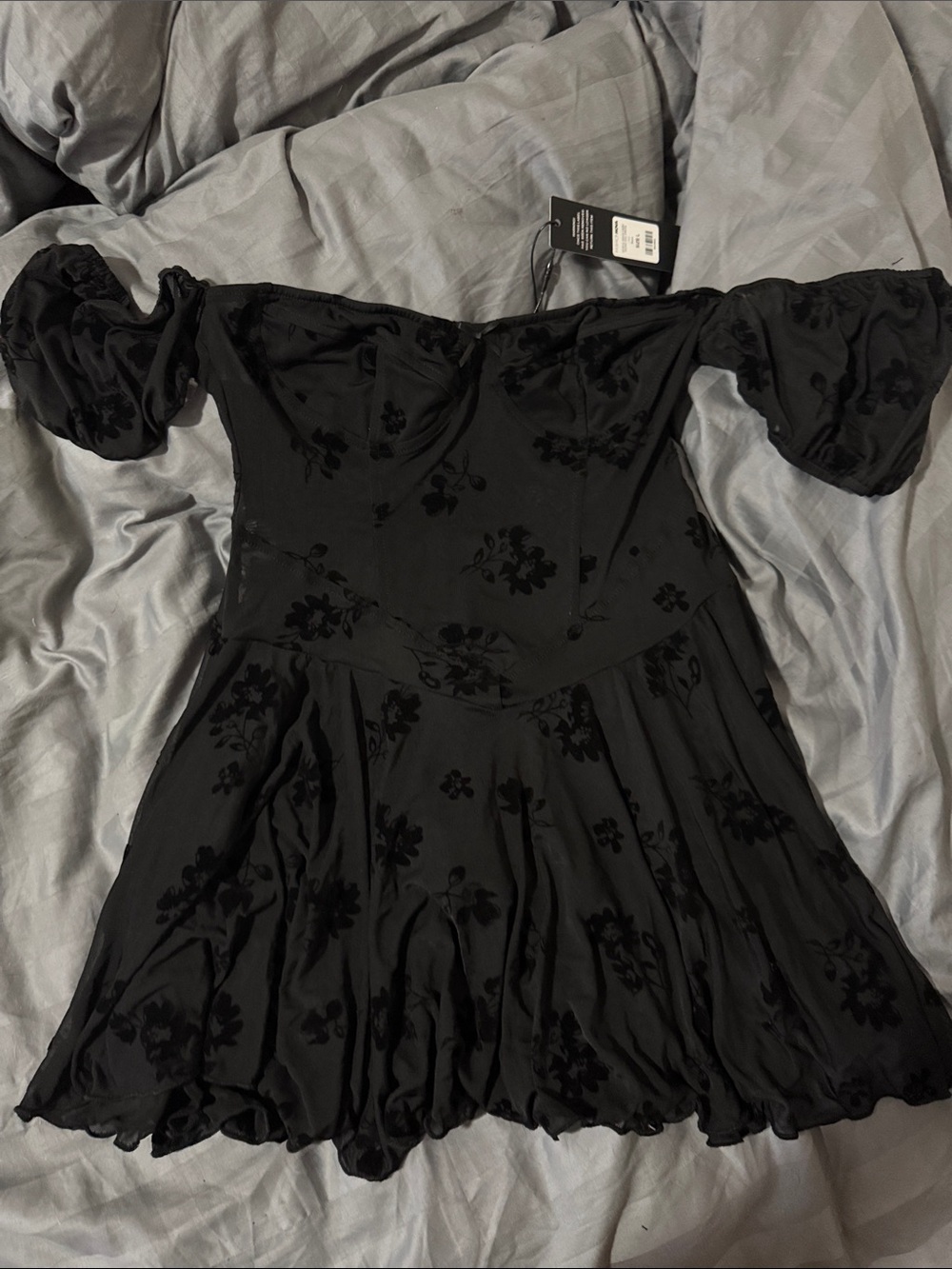 Fashion Nova Black Off-Shoulder Flocked Floral Mini Dress